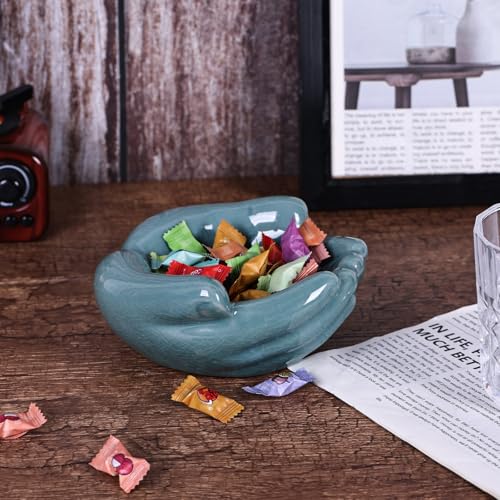 Ceramic Hands Bowl Dish Sculpture, Giving Hands Candy Holder for Succulent Planter, Crystal Rock Holder, Office, Keys Bowl for Entryway Table (Blue) - color: Blue