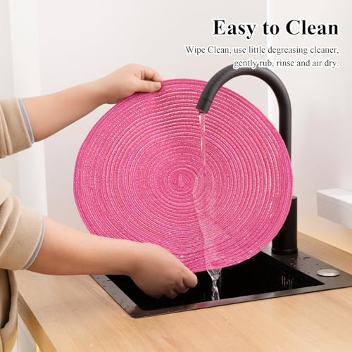 SHACOS Hot Pink Round Braided Placemats Set of 4 Washable Fabric Place Mat - color: Hot Pink, size: Set of 4
