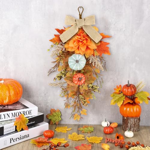 22" Fall Wreaths for Front Door 2 PCS Fall Teardrop Swag with Maple Leaves Pumpkins Berries Ribbon for Indoor Outdoor Farmhouse Home Wall Window Festival Wedding Decor - size: Medium Fall