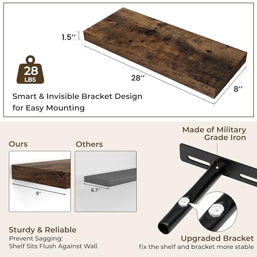 RICHFOCUS Bathroom Floating Shelves for Wall 2Pack|Rustic Brown|28" L - color: Rustic Brown, size: 28"L x 8"D, Set of 2