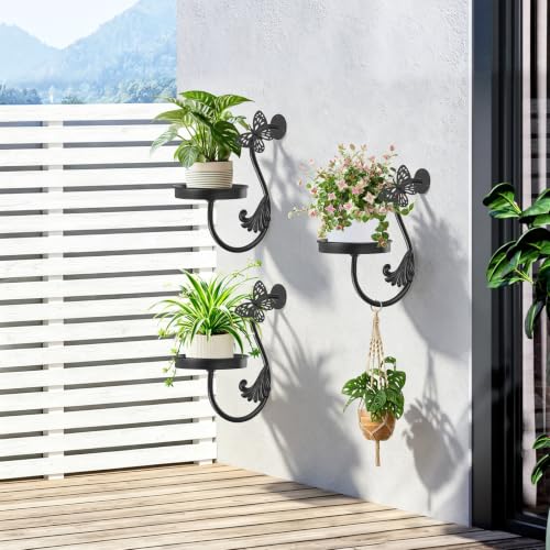 Metal Wall Plant Holder 3Pcs Indoor Outdoor Wall Flower Shelf - color: Black-Butterfly-3Pcs