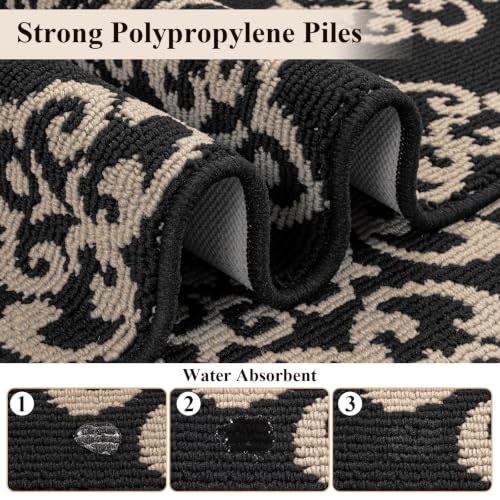 U'Artlines 3-Piece Kitchen Rug Set Damask Medallion Floor Mats - color: Damask Black