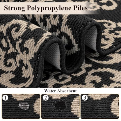 U'Artlines 3-Piece Kitchen Rug Set Damask Medallion Floor Mats - color: Damask Black