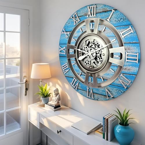 ImprovingLife The Gears Clock Real Moving Gear Wall Clock England Line (Ocean Blue, 24 inches (60 cm)) - color: Ocean Blue, size: 24 inches (60 cm)