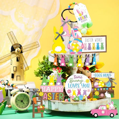 Marsui Easter Tiered Tray Decor Happy Easter Tiered Tray Ornament Rustic Farmhouse Spring Sign Bunny Truck Gnome Egg Wooden Sign for Home Table Decor(Floral Style) - style: Floral Style