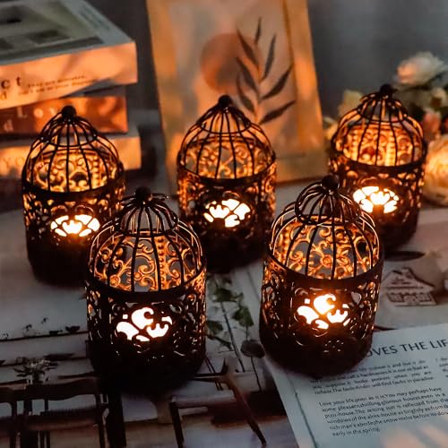 JHY DESIGN 6 Pcs 5.5 inch Height Small Metal Candle Stick Holder Hanging Birdcage Tealight Lantern Hollow Candle Holders for Table Valentine Patio Indoor Outdoor Gifts(Black)
