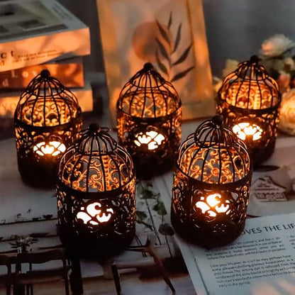 JHY DESIGN 6 Pcs 5.5 inch Height Small Metal Candle Stick Holder Hanging Birdcage Tealight Lantern Hollow Candle Holders for Table Valentine Patio Indoor Outdoor Gifts(Black)