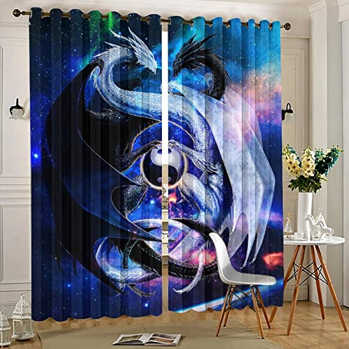 Cool Japanese Dragon Curtains for Bedroom - Fantasy Galaxy Cloud Black White Dragon Yin Yang Window Drapes,Energy Saving Blackout Grommet Curtains 2 Panels 54L x 21W - color: Cool Japanese Dragon, size: 42"W x 54"L (Pack of 1)