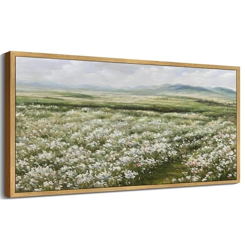SHENIFY Vintage Framed Wall Art Rustic Meadow Sea of Wildflower Field Landscape Painting Retro Floral Scenery Farmhouse Kitchen Living Room Decor - 8x16in Natural Framed - color: Floral Meadow, size: 16"L x 8"W