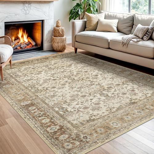 SIILOOM 5x7 Washable Area Rug, Non Slip Indoor Mat for Bedroom Living Room - color: Beige/Brown, size: 5' x 7' (Rectangular)