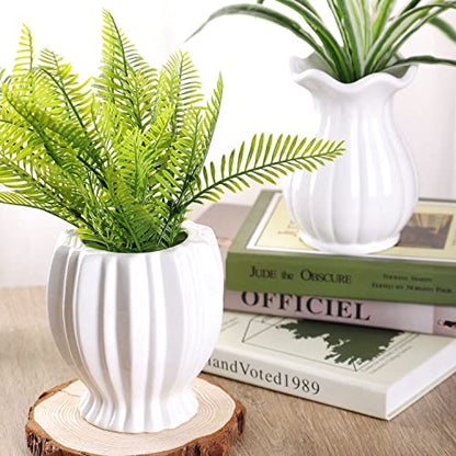 VanEnjoy 6 inch Modern Ribbed Design Small White Ceramic Decorative Tabletop Centerpiece Vase Flower Pot -White Lotus Flower - style: Asian
