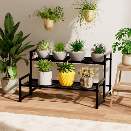 Garden 4 you 2 Tier Metal Stackable Plant Stand, Flower Pot Holder - color: Black, size: 27.5"L x 9.6"W x 16"H