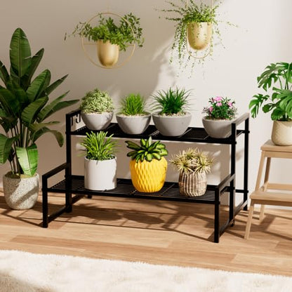 Garden 4 you 2 Tier Metal Stackable Plant Stand, Flower Pot Holder - color: Black, size: 27.5"L x 9.6"W x 16"H