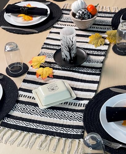 CHARDIN HOME Black, Cream, White Boho Table Runner | Cotton Farmhouse Table Linen 13x36 Inches| Machine Washable, Durable and Easy to Combine - color: Ivory-black, size: 13x36 Inch.