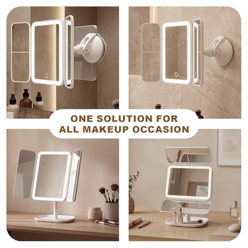 Trifold Makeup Mirror with Lights, 3000mAh Vanity Mirror | 3X/2X/1X Magnification Suction&Stand Base, 360° Adjustment Rechargeable Mirror for Travel/Bedroom/Dorm, Gifts for Women