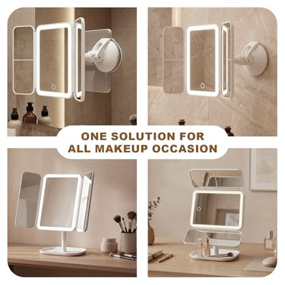 Trifold Makeup Mirror with Lights, 3000mAh Vanity Mirror | 3X/2X/1X Magnification Suction&Stand Base, 360° Adjustment Rechargeable Mirror for Travel/Bedroom/Dorm, Gifts for Women