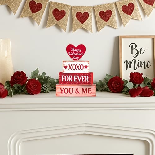 OLANRUN Valentines Day Decorations - 4 Pack Wooden Block Heart Set Signs Valentines Day Table Decor - 7.8 Inch Valentine's Decorations for Home Office Bedroom Tiered Tray Fireplace Mantel - style: Valentines - Love Heart