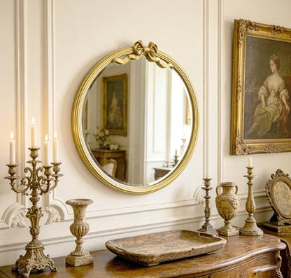25" Round Wall Mirror with Gold Bow, Metal Frame Decorative Hanging Circle Mirror