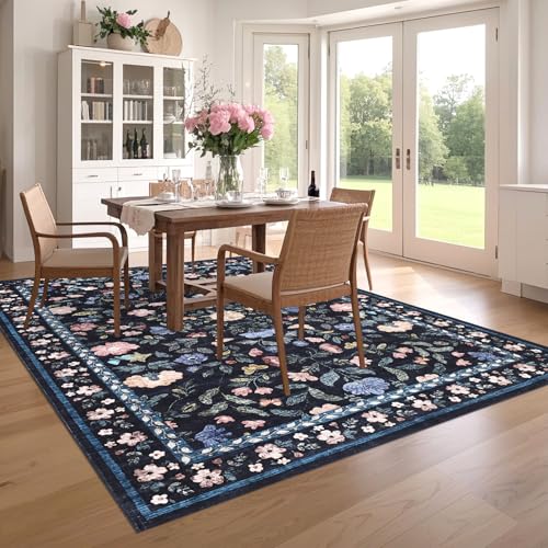 GarveeHome 5x7 Washable Floral Area Rug Low Pile Nursery Dark Grey Blue - color: Dark Grey Blue, size: 5' x 7' (Rectangular)