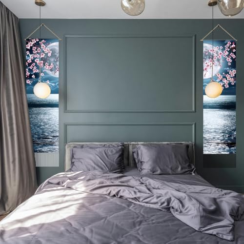 AHANDMAKER 2Pcs Japanese Anime Scenery Tapestry, Ocean Moon Cherry Blossom Vertical Wall Hanging, Tassel Wall Aesthetic Tapestry for the Living Room, Wall Decor Entry(45.7x13 Inch) - color: Ocean Moon