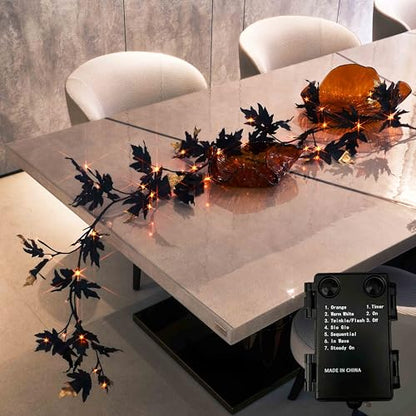 LITBLOOM Halloween Garland with Lights 6FT Battery Operated with Timer, Lighted Black Maple Garland with 48 Orange and Warm White LED Lights for Home Fireplace Mantle Table Fall Halloween Decoration - style: Black Maple
