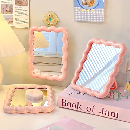 Wave Table Desk Vanity Makeup Mirror Small Make Up Office Mirror Pink - color: Pink