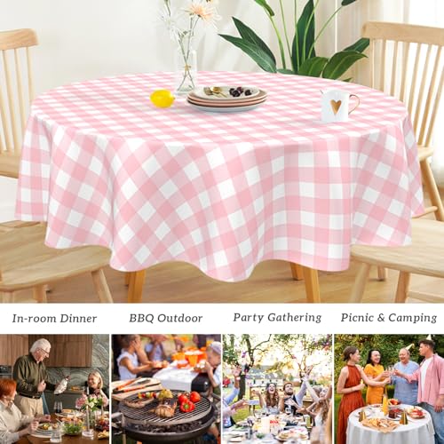 Mulbozy 2 Pcs Pink Gingham Round Plastic Tablecloth Disposable, 84 inch - color: Checkered-pink, size: 84" Round