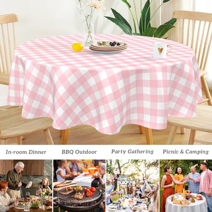 Mulbozy 2 Pcs Pink Gingham Round Plastic Tablecloth Disposable, 84 inch - color: Checkered-pink, size: 84" Round