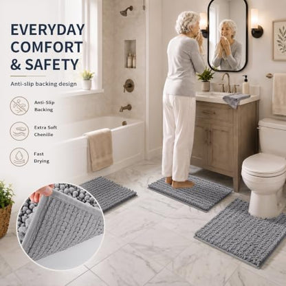 Yimobra Bathroom Rug Set 3 Piece, Super Water Absorbent Bath Mat Set, Grey - color: Grey, size: 24"x17" + 24"x20" + 30"x20"