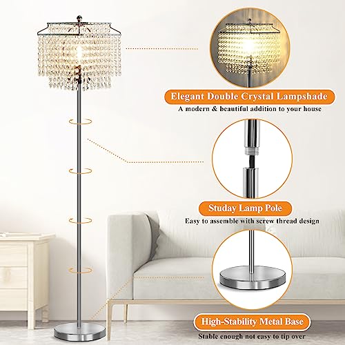 Luvkczc Crystal Floor Lamp, 64" Tall Modern Standing Lamps with Double-Layer Lampshade, On-Off Foot Switch, Silver Finish Pole Lamp for Living Room, Bedroom, Office, 8W Bulb Included - color: Silver