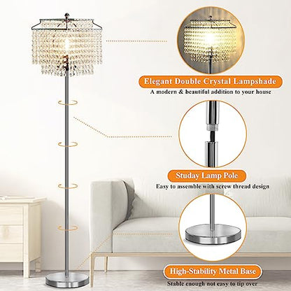 Luvkczc Crystal Floor Lamp, 64" Tall Modern Standing Lamps with Double-Layer Lampshade, On-Off Foot Switch, Silver Finish Pole Lamp for Living Room, Bedroom, Office, 8W Bulb Included - color: Silver