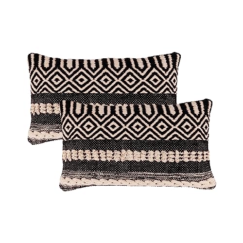 · REDEARTH · Textured Handwoven Throw Pillow Cases - Char Delineate Black | 100% Cotton, 12x20"; Woven Tufted Decorative Farmhouse Cushion Covers; Set for Couch, Sofa, Bed, Chair, Dining, Covered Patio - color: Char Delineate Black, size: 12" x 20" (Pack