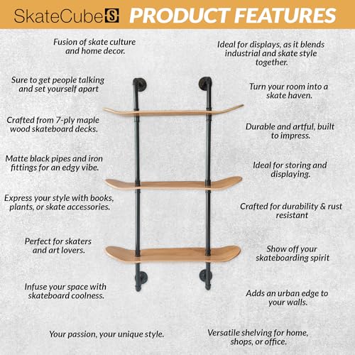 Industrial Pipe Floating Shelf, 3 Tier, Skateboard Decks, Easy Assembly - size: 3 Tier Shelf