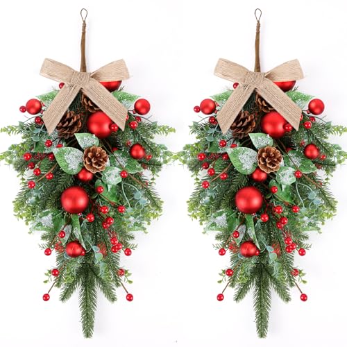 24" Christmas Wreaths for Front Door 2 PCS Christmas Teardrop Swag Winter Wreath with Red Ball Red Berry Pine Needles for Indoor Outdoor Farmhouse Home Wall Window Festival Wedding Decor - size: Medium Christmas Swag