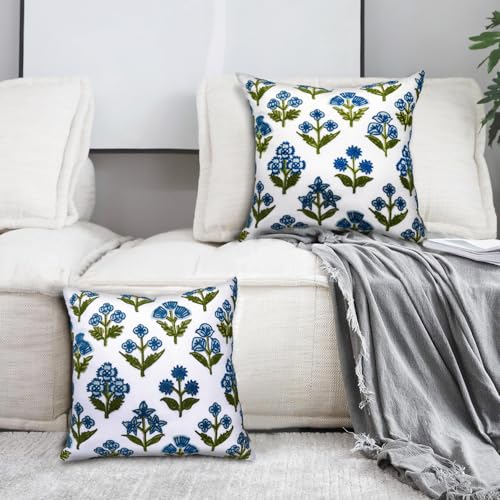 Alysheer Floral Block Embroidered Throw Pillow Cover 18"x18" Set of 2, Blue - color: Block Blue, size: 18" x 18" (Pack of 2)