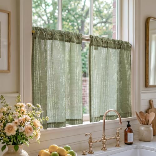 jinchan Linen Striped Tier Curtains for Kitchen Windows Boho - color: Boho Sage Green | on Beige, size: 26"W x 24"L (Pack of 2)