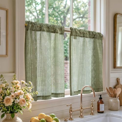 jinchan Linen Striped Tier Curtains for Kitchen Windows Boho - color: Boho Sage Green | on Beige, size: 26"W x 24"L (Pack of 2)