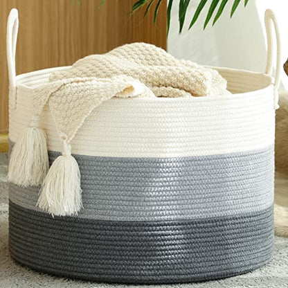 KAKAMAY Large Blanket Basket (20"x13"),Woven Baskets for storage Baby Laundry Hamper,Cotton Rope Blanket Basket for Living Room, Laundry, Nursery, Pillows, Baby Toy chest with Handles (White/Grey) - color: White and Grey