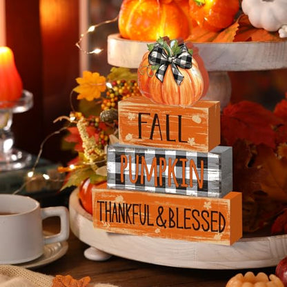 4 Pcs Fall Decor for Home Buffalo Plaid Pumpkin Wooden Signs with Blessed - style: Grid Pumpkin