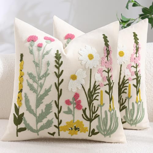 Embroidered Throw Pillow Covers 18x18 Pack of 2 Daisy Flowers - color: Floral Daisy