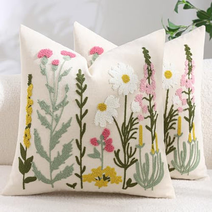 Embroidered Throw Pillow Covers 18x18 Pack of 2 Daisy Flowers - color: Floral Daisy