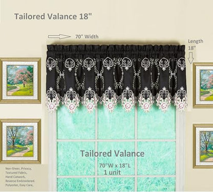 Today's Curtain Verona Reverse Embroidery Tailored Valance, 18", Black/Rose, 70" W X 18" L - color: Black/Rose, size: 70"W x 18"L (Pack of 1)