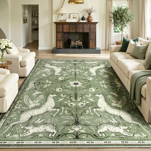 Lahome 8x10 Washable Area Rug for Living Room, Woodland Deer Boho Animal Rug, Vintage Botanical Green Non-Slip Low Pile Large Carpet for Bedroom Dining Room Nursery Farmhouse Decor - color: Green, size: 8' x 10' (Rectangular)