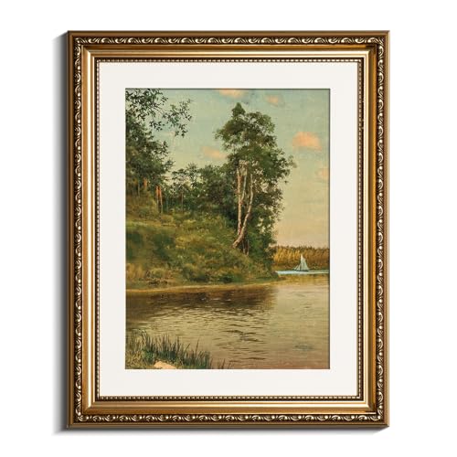 VIYYIEA Gold Framed Lakeside Landscape Wall Art Canvas Painting, 13×16 Inch - color: Lakeside, size: 16"L x 13"W