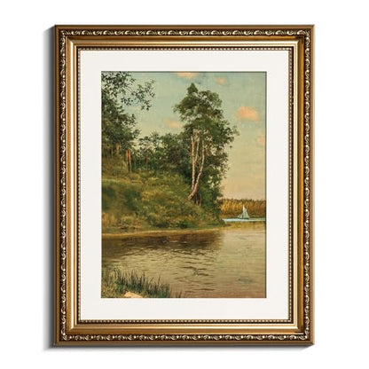 VIYYIEA Gold Framed Lakeside Landscape Wall Art Canvas Painting, 13×16 Inch - color: Lakeside, size: 16"L x 13"W