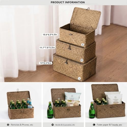 Nonam Wicker Storage Basket with Lid,Seagrass Shelf Basket Set of 3,Coffee - color: Coffee* Set of 3