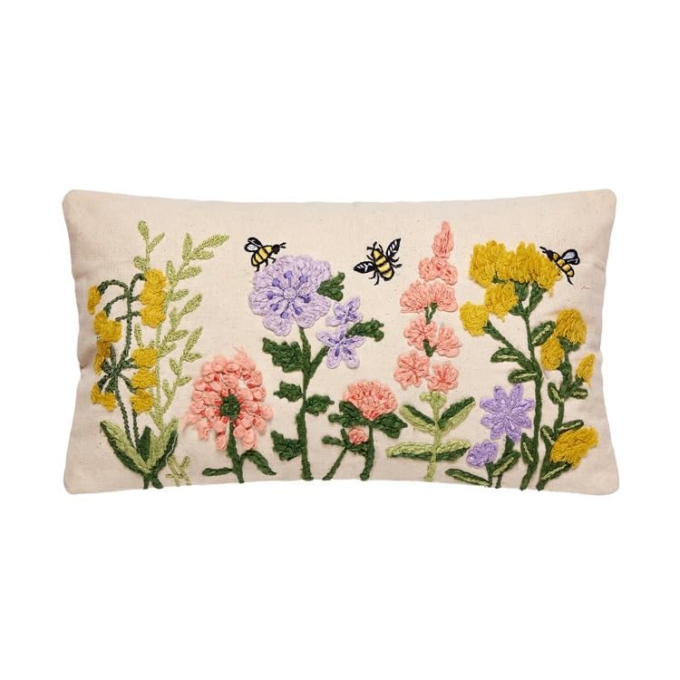 Peking Handicraft Floral Natural Field Embroidered Pillow, 9 X 16-Inch, Multicolor