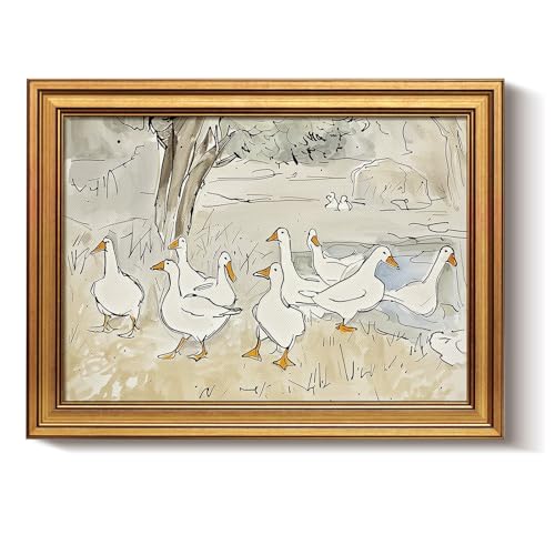 Bzstyleart Vintage Wall Art Decor for Living Room, Gold Framed Canvas Wall Decor Duck Painting Vintage Home Decor Aesthetic, Canvas Animal Prints, 12 x 16 Inch - color: Ducks, size: 16"L x 12"W