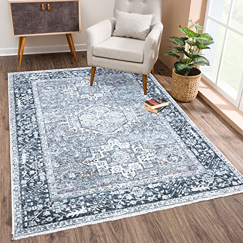 Bloom Rugs Caria Washable Non-Slip 4x6 Rug - Navy Blue Traditional Area Rug for Living Room, Bedroom, Dining Room, and Kitchen - Exact Size: 4' x 6' - color: Navy Blue, size: 4' x 6' (Rectangular)