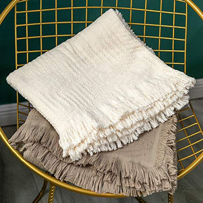 GLORY SEASON 100% Cotton Throw Blanket in Light Brown Jacqard Weave Fabric with Fringe Soft All Season Cover for Bed Couch and Living Room Sofa,Chair 50x60 Inches - color: Light Brown